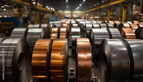 Rolls of steel and non-ferrous metals like copper arranged in a factory, with industrial lighting casting reflections on their surfaces, highlighting their industrial beauty