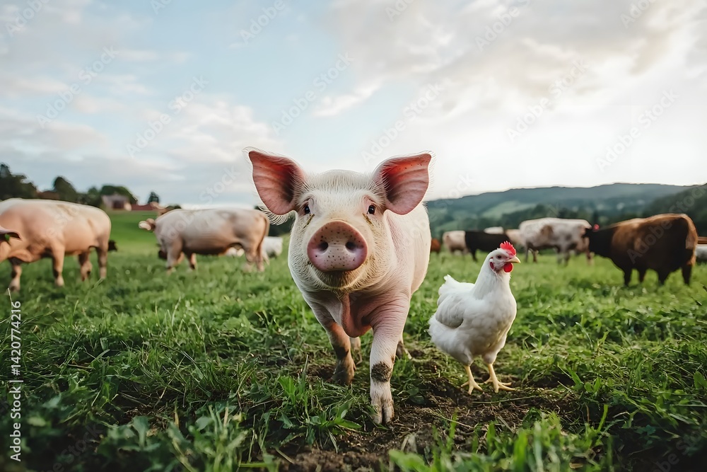 Curious piglet approaching with a white chicken in a grassy field high resolution photo Curious piglet approaching with a white chicken in a grassy field high resolution photo