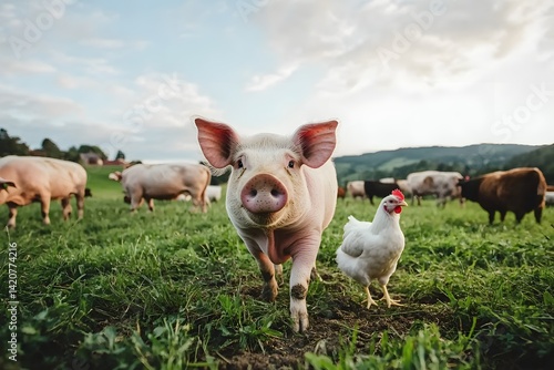 Curious piglet approaching with a white chicken in a grassy field high resolution photo