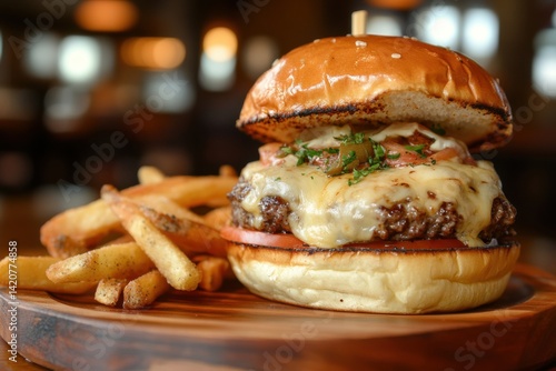 Hamburger on wood plate with all fresh Ingredients.
