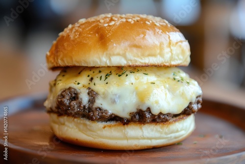 Hamburger on wood plate with all fresh Ingredients.