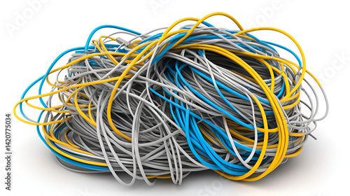 Network cable going through a tangled bunch of cables isolated