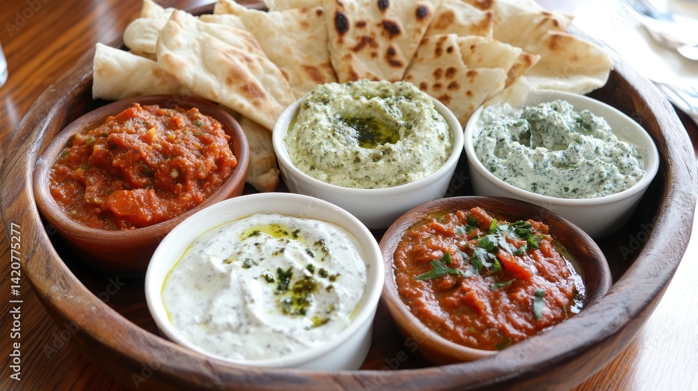 Assortment of Mediterranean Dips and Flatbread Served in a Wooden Platter Assortment of Mediterranean Dips and Flatbread Served in a Wooden Platter