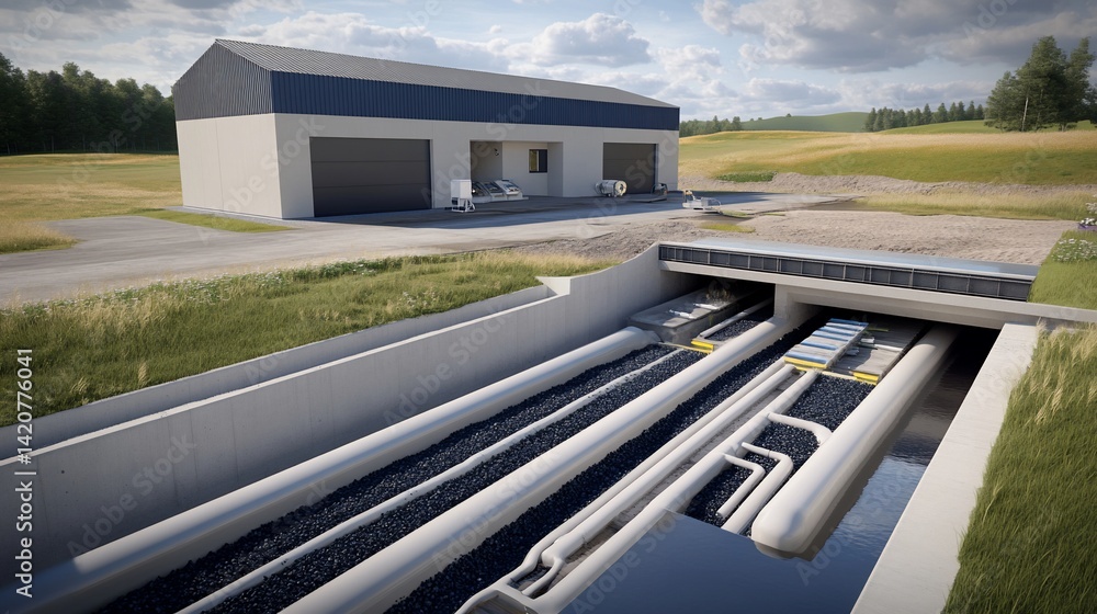 Obraz premium Innovative water treatment plant with advanced filtration technology in nature