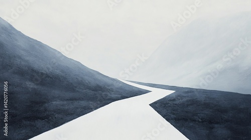 Serene, misty mountain road winding between dark hills.