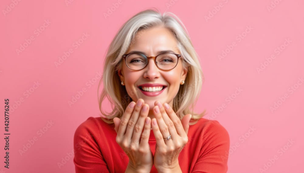 Joyful woman smiling studio portrait pink background close-up happiness expression Joyful woman smiling studio portrait pink background close-up happiness expression