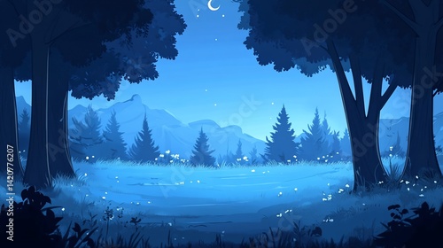 Serene moonlit forest scene with glowing flowers and distant mountains.