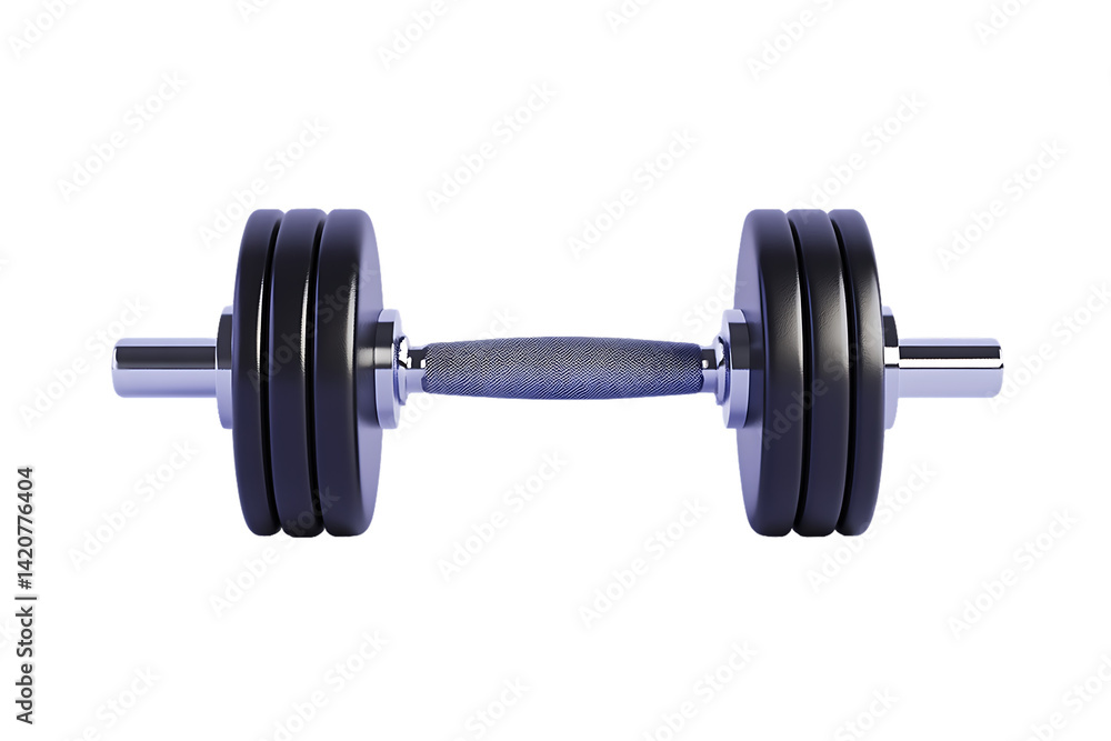 Fototapeta premium Symmetrical dumbbell with black plates and textured handle, isolated on white.