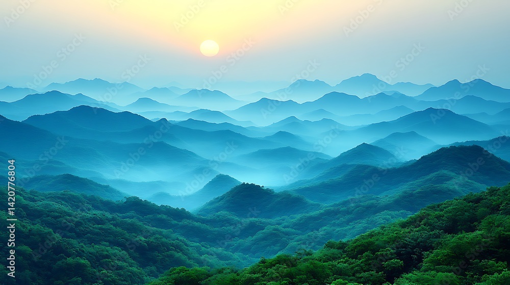 Misty sunrise over rolling hills Misty sunrise over rolling hills