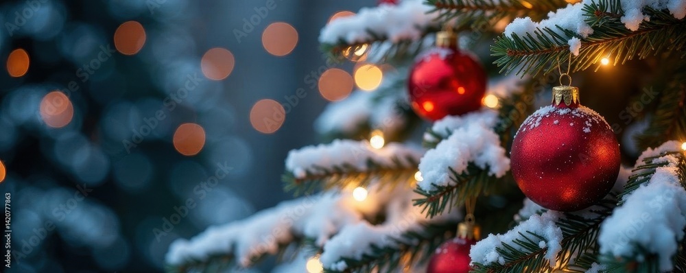 Sparkling Christmas tree ornaments on snowy branches , ball, decor, celebratory Sparkling Christmas tree ornaments on snowy branches , ball, decor, celebratory