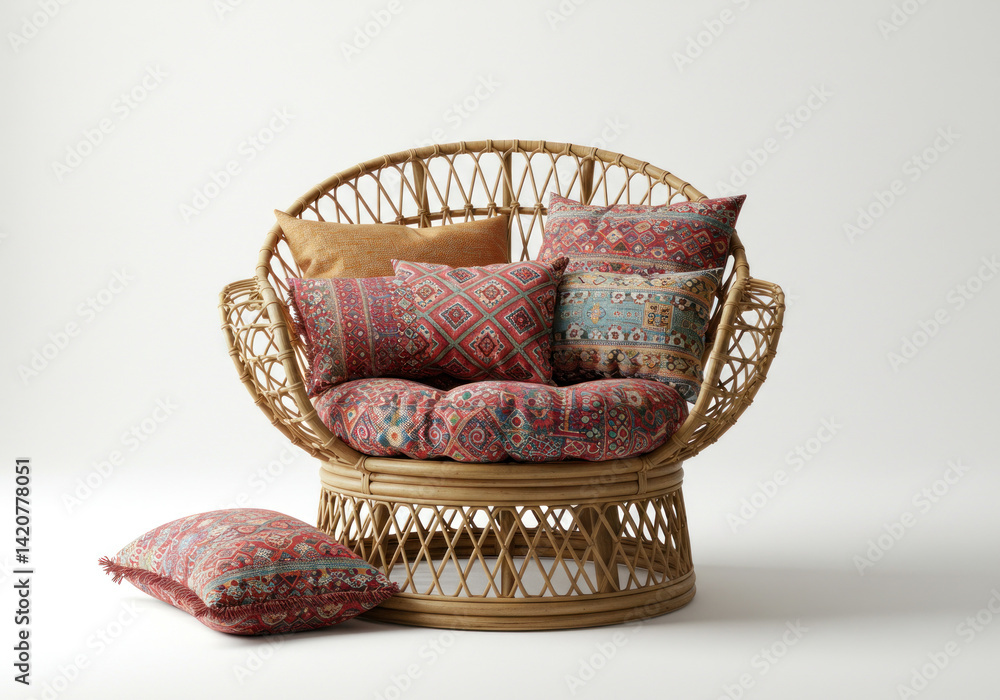 Fototapeta premium Rat chair with cozy cushion and pillows.