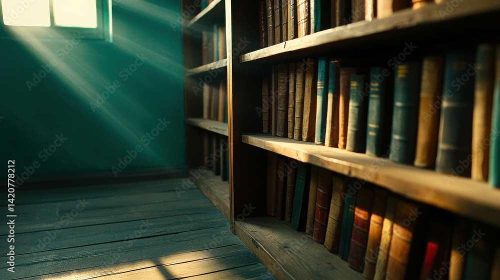Fototapeta premium Sunlight Streams Through Window in Cozy Vintage Library with Wooden Shelves and Books