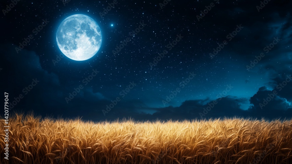 Fototapeta premium Moonlit wheat field under a starry night sky