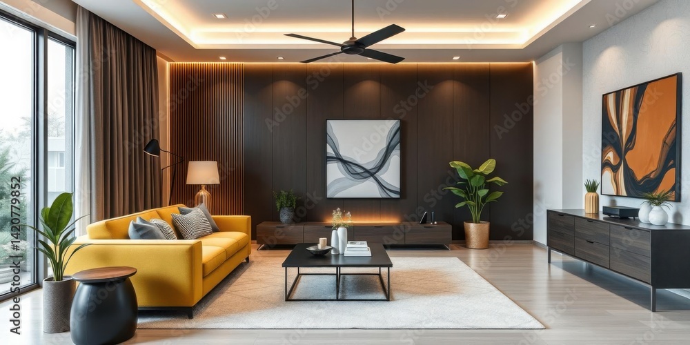 Modern Living Room Interior Design Yellow Sofa Dark Walls Stylish Decor