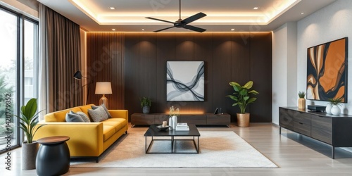Obraz na płótnie Modern Living Room Interior Design Yellow Sofa Dark Walls Stylish Decor w salonie