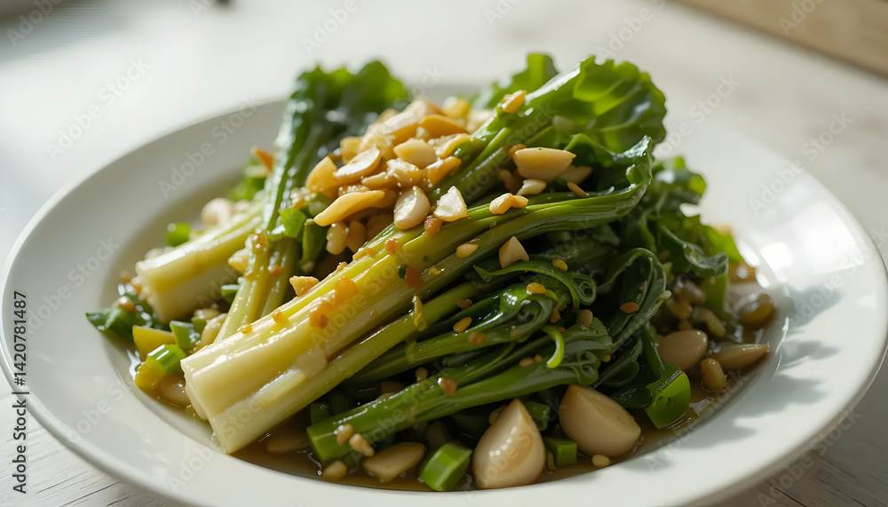 Serving Stir-fried Water Spinach with Garlic and Toasted Nuts Serving Stir-fried Water Spinach with Garlic and Toasted Nuts