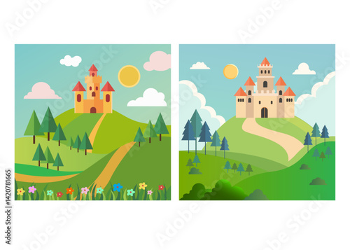 Fairy tale castle vector illustration set for cartoon series or book illustration for kid