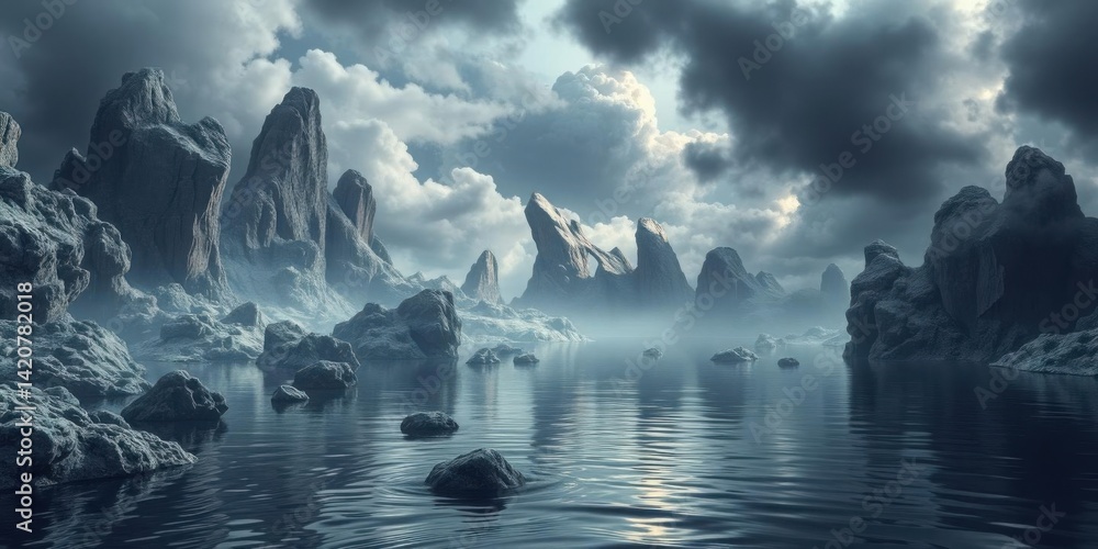 Dramatic Fantasy Landscape Misty Peaks Still Water Cloudy Sky