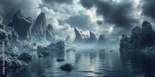 Obraz na płótnie Dramatic Fantasy Landscape Misty Peaks Still Water Cloudy Sky w salonie