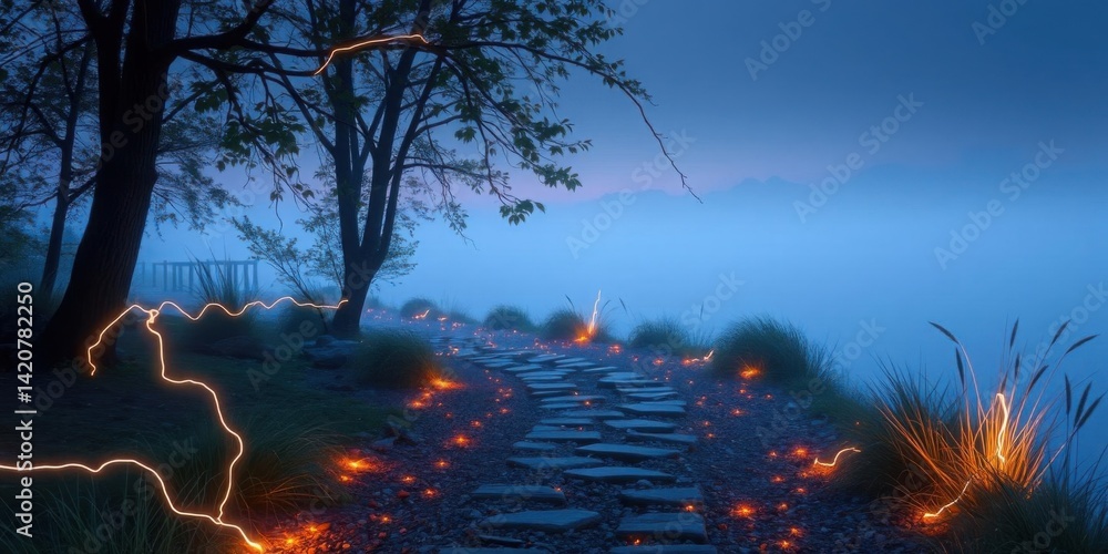 Magical Twilight Path Illuminated Stone Walkway Misty Lake Trees