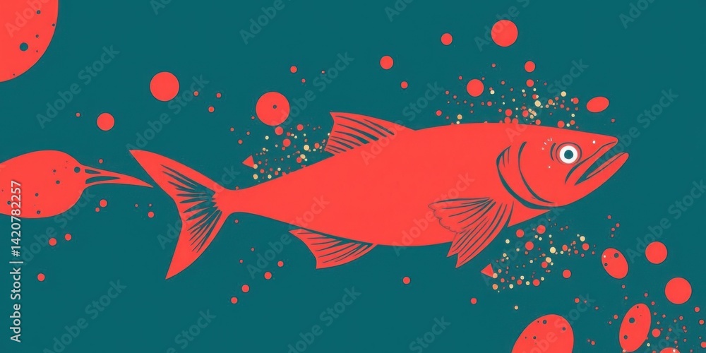 Red Fish Abstract Art Teal Background Ocean Life Marine Animal Illustration