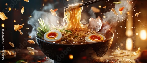Ultra-Realistic Macro Photography of a Giant Bowl of Ramen with Steam, Noodles, and Toppings Captured in Gigapixel High Fidelity, Showcasing Culinary Artistry