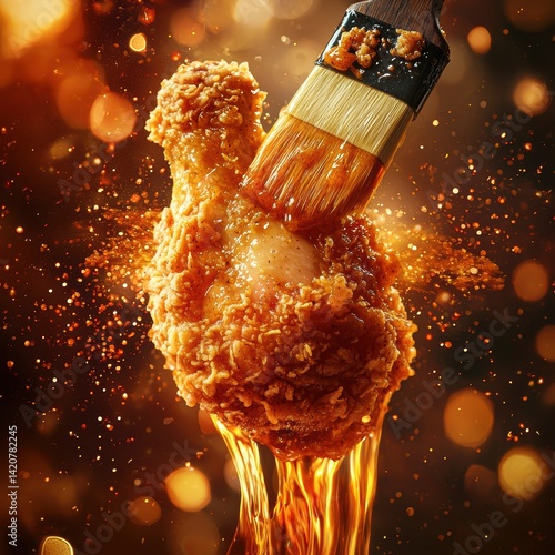 Ultra-realistic Macro Photography of Crispy Fried Chicken Leg with Golden Bokeh Background Highlighting Deliciousness and Texture in High Fidelity