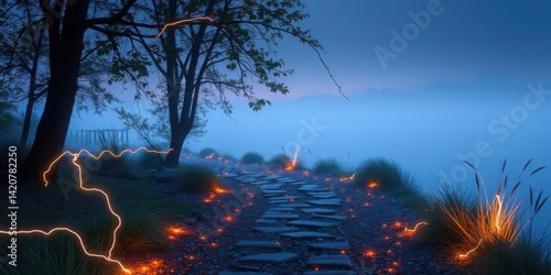 Magical Twilight Path Illuminated Stone Walkway Misty Lake Trees