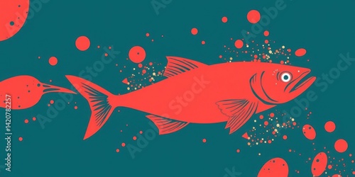Obraz na płótnie Red Fish Abstract Art Teal Background Ocean Life Marine Animal Illustration w salonie