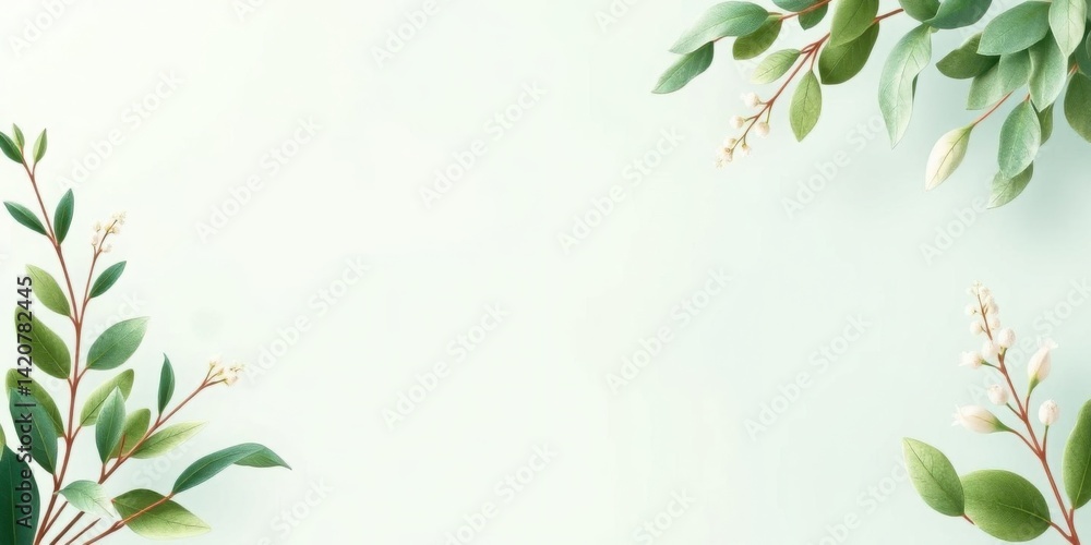 Elegant Green Leaves White Blossoms Frame Nature Background