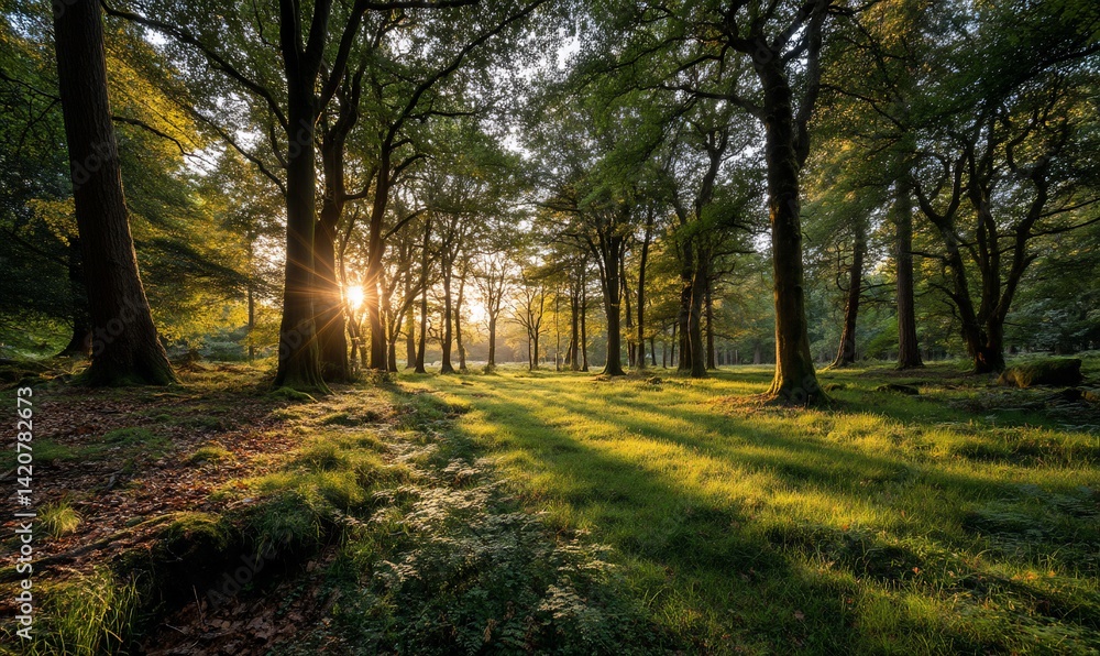 Obraz premium Sunlight streams through a forest at sunrise, illuminating the ground with golden rays