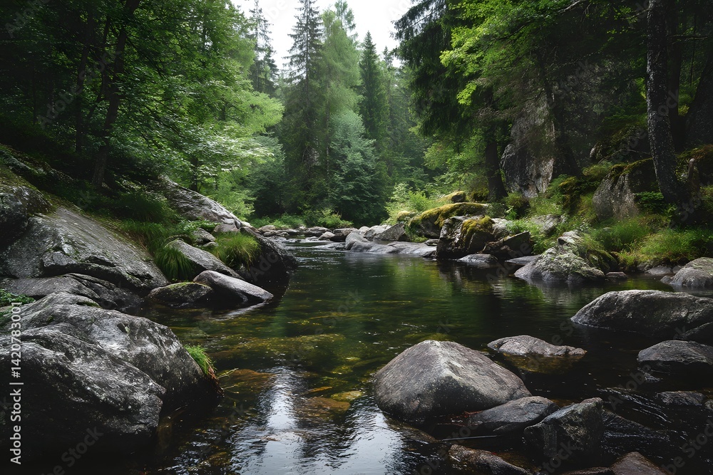 Tranquil Forest River Scene with Clear Water Flowing Over Smooth Stones and Surrounded by Lush Greenery Tranquil Forest River Scene with Clear Water Flowing Over Smooth Stones and Surrounded by Lush Greenery