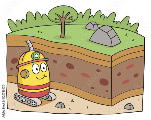 Cartoon Robot Explorer Digging Through Soil Layers: Cute Illustration of Geology, Earth Science, and Underground Exploration for Kids