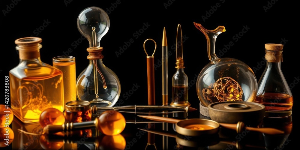 Luxury Still Life Golden Amber Glass Bottles Instruments Orbs