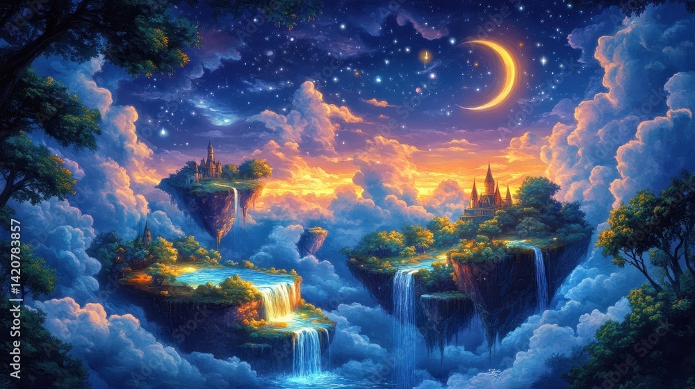 Fototapeta premium Fantasy landscape with floating islands, waterfalls, castles, and a crescent moon in a starry sky. Dreamy, magical, and serene atmosphere.