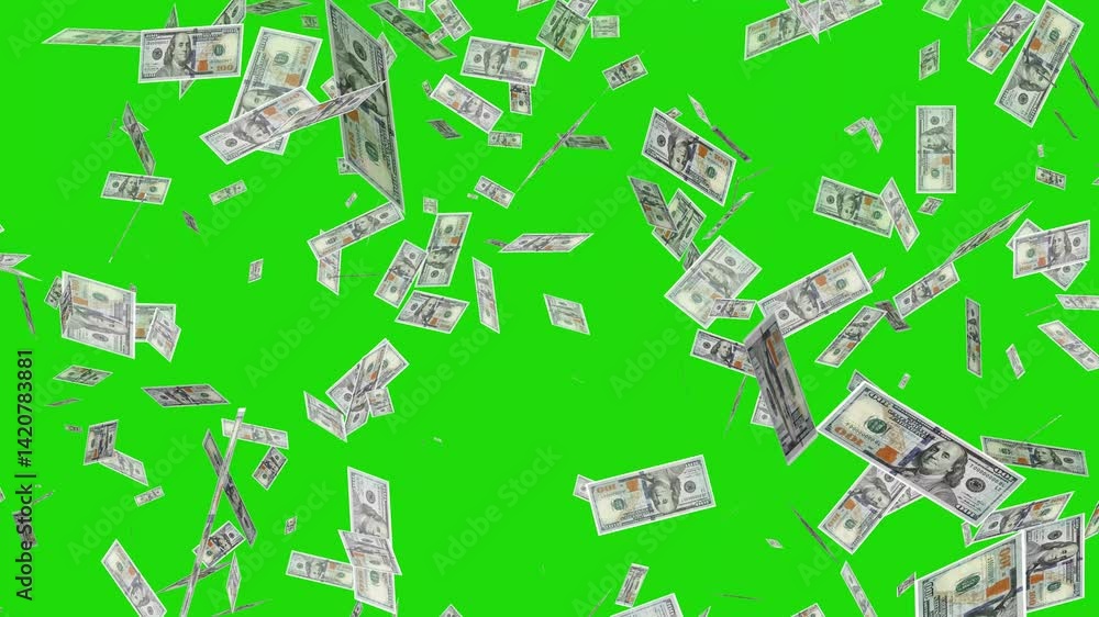 Banknotes money flying and dollar bills falling top to bottom like rain on green background. It's like a fountain that rains money. Slow motion cash storm, Money rain loop. Money rains from the sky.