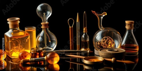 Obraz na płótnie Luxury Still Life Golden Amber Glass Bottles Instruments Orbs w salonie