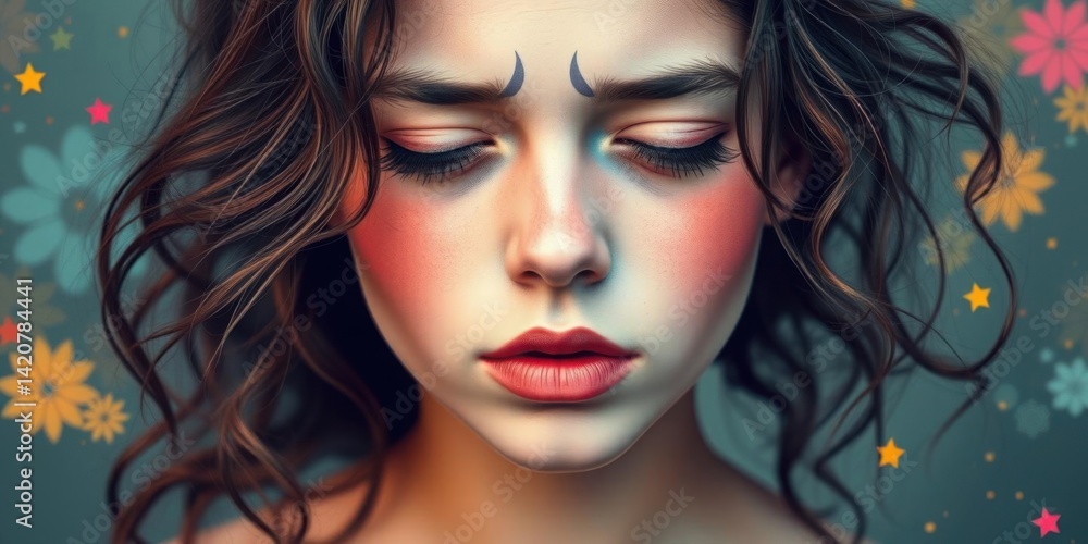 Dreamy Woman Portrait Artistic Makeup Curls Flowers Stars