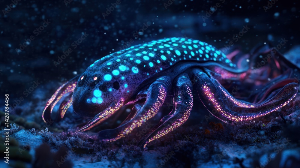 Bioluminescent marine creature resting on the seabed displaying vibrant colors Bioluminescent marine creature resting on the seabed displaying vibrant colors