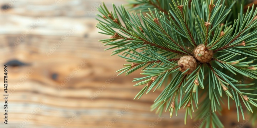 Evergreen Branch with Cones on Rustic Wood Background