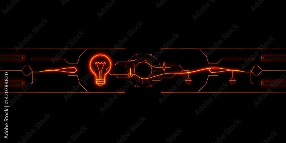 Futuristic Tech Background Orange Glowing Circuit Board with Lightbulb Idea