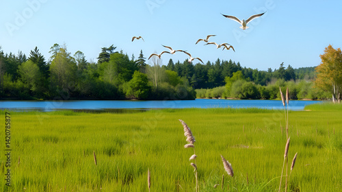 Blue Lake (bog-lake) is overgrown  soldier (Stratiotes) and sedges and surrounded by willows. Terns over the water, summer day, fresh wind