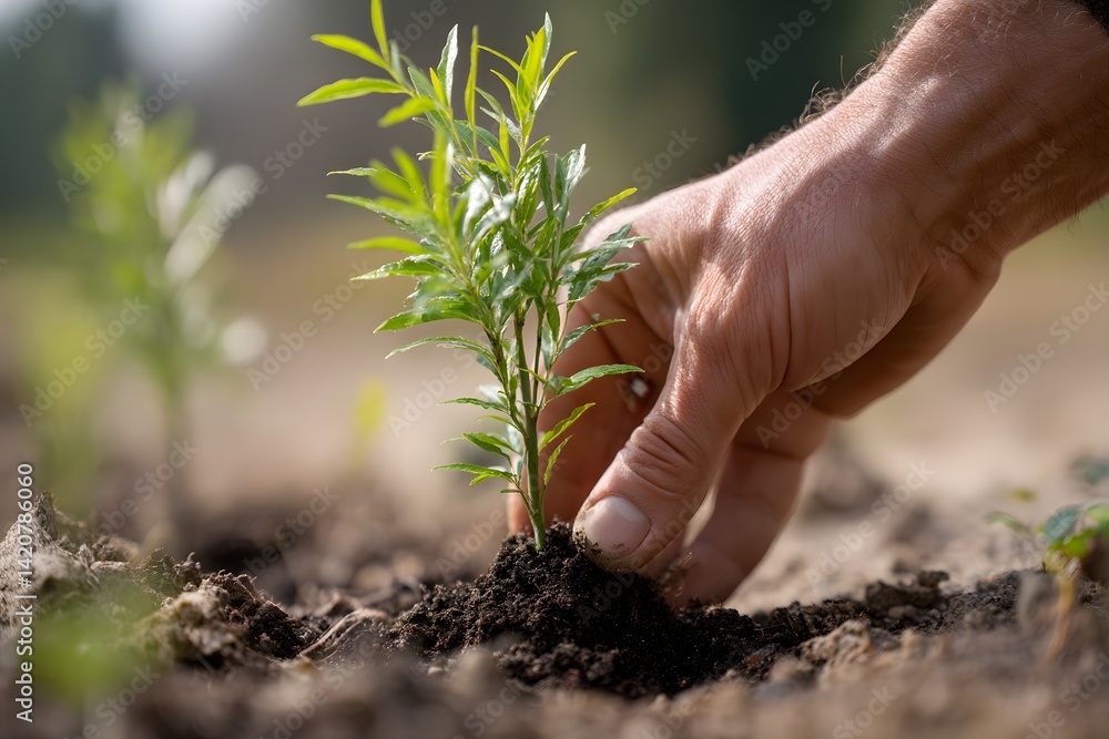 Fototapeta premium Close-up of a Hand Planting a Small Tree Seedling in Fresh Soil Under Natural Light