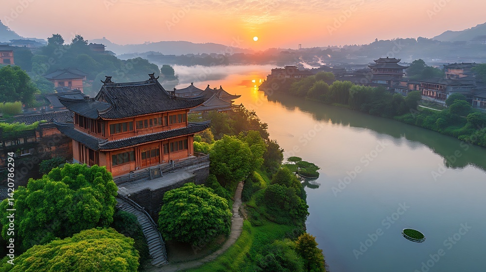 Fototapeta premium Sunrise over tranquil water town