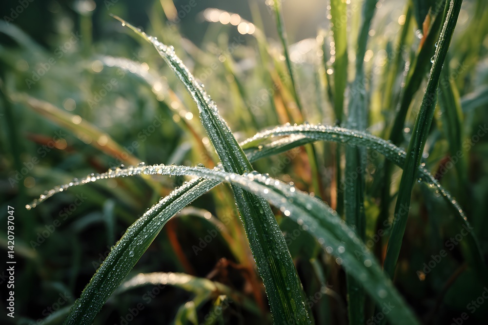 Obraz premium Close-Up of Dew-Covered Grass Blades at Sunrise Capturing Morning Beauty in Nature