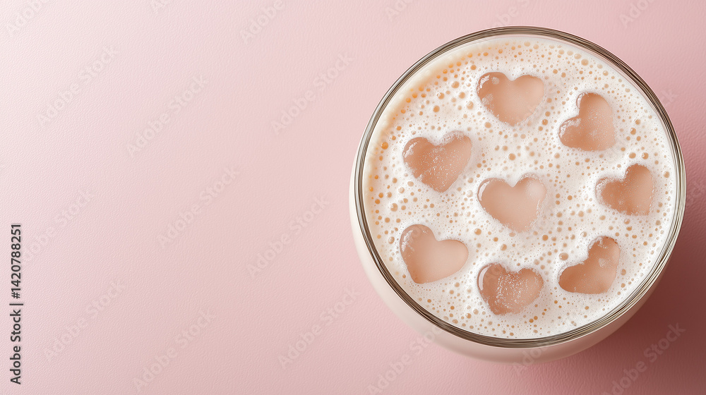 Strawberry latte with heart shaped ice, latte drink, cafe drink, spring season drink, pink latte, heart shaped coffee Strawberry latte with heart shaped ice, latte drink, cafe drink, spring season drink, pink latte, heart shaped coffee