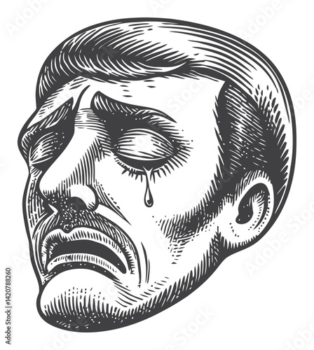 Detailed Hand-Drawn Engraving of Emotional Male Face with Tear