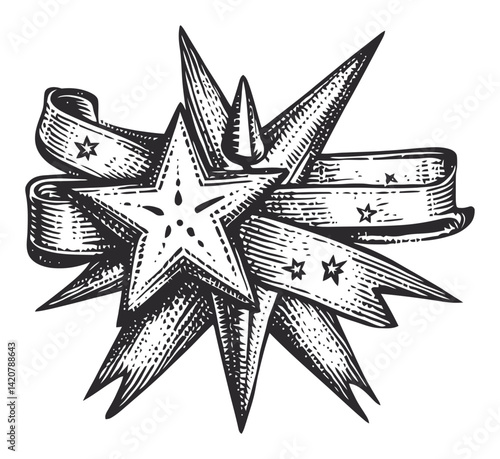 Vintage Star Engraving with Ribbon for Award or Decoration