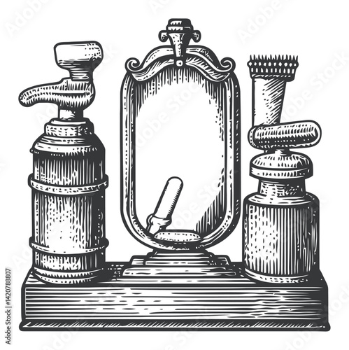 Vintage Hand-Drawn Engraving of Barber Tools and Mirror Setup