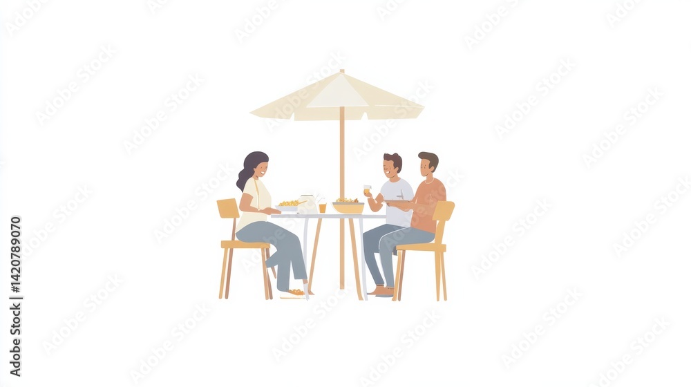 Friends Enjoying Meal Outdoors Under Parasol at Trendy Cafe Friends Enjoying Meal Outdoors Under Parasol at Trendy Cafe